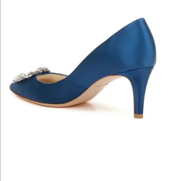 Navy satin kitten heels with jewel detail